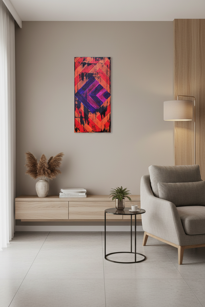 Original abstract acrylic painting titled Inner Stripes featuring vibrant orange geometric forms, purple diamond shapes, and expressive dark textured marks by Amy Bridges