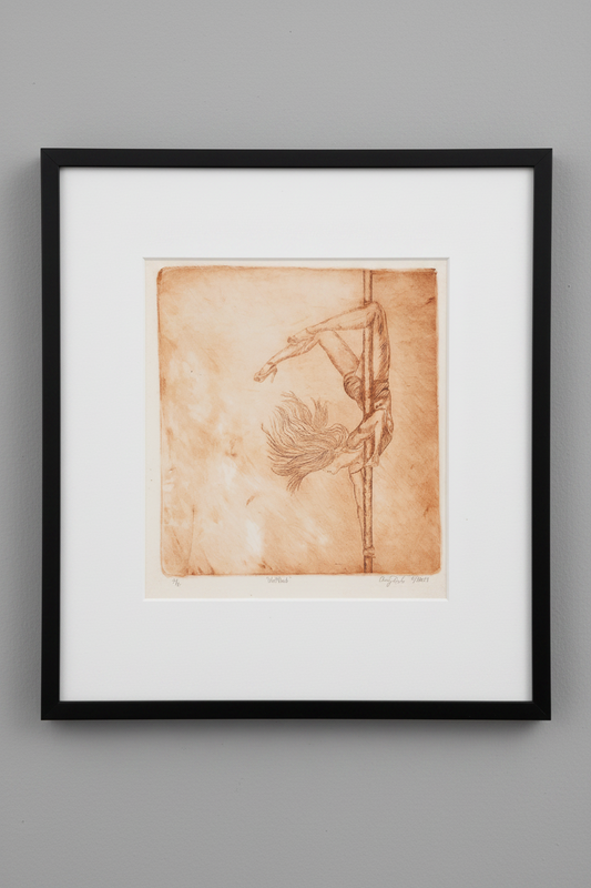 Sepia toned hand-pulled intaglio etching print showing a figurative dancer composition with textured background on cotton paper.