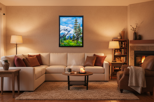 Original palette knife landscape painting of snowy trees, blue mountains, and winter sky in black floater frame by Amy Bridges