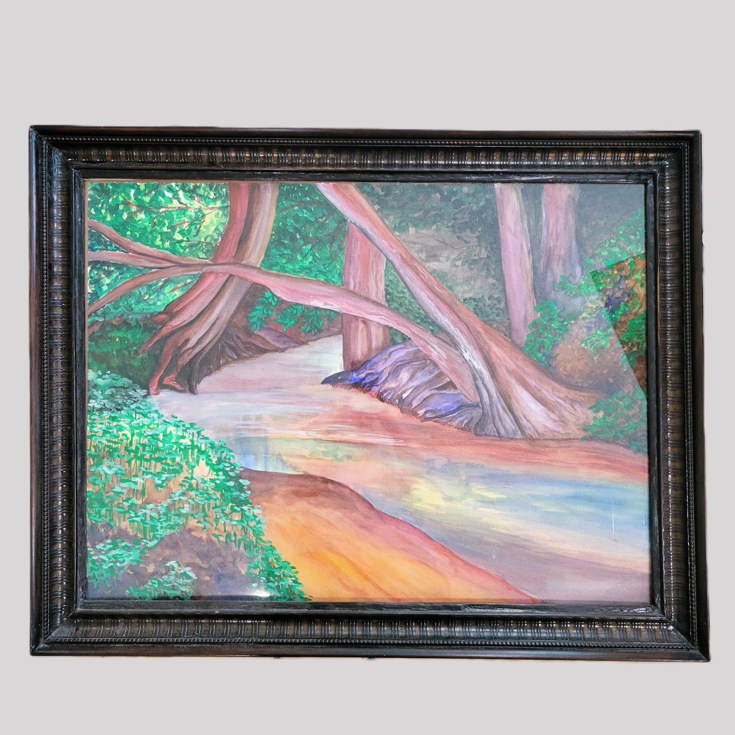 A River Runs Through | Extra Large Original Watercolor & Gouache Landscape Painting | Handmade Solid Wood Frame | Nature Forest Creek Wall Art