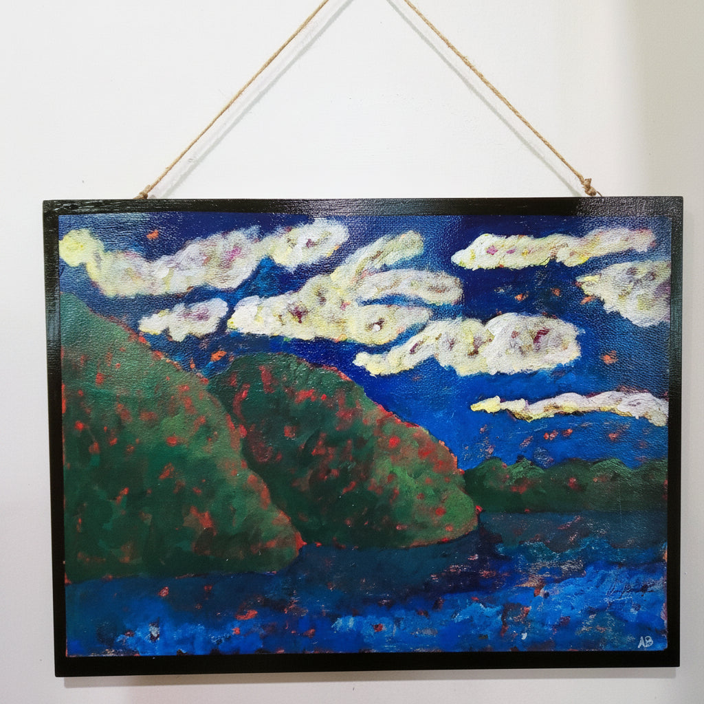 Acrylic color study painting titled Ocean Landscape showing blue water, green island forms, and orange underpainting on mounted board