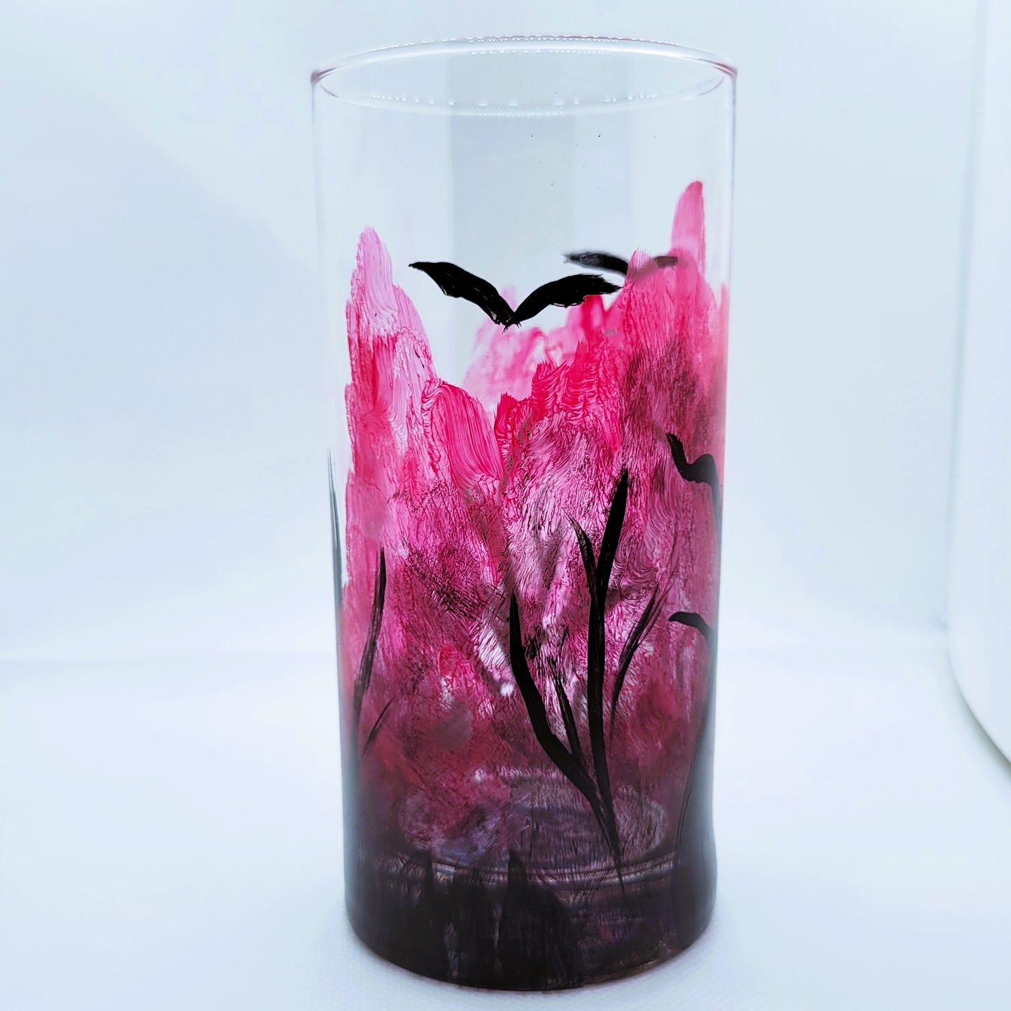 Hand-Painted Halloween Glass | 16oz Spooky Bat Forest Cup | Red Forest Artisan Glassware | Dishwasher Safe Bats in Trees Tumbler