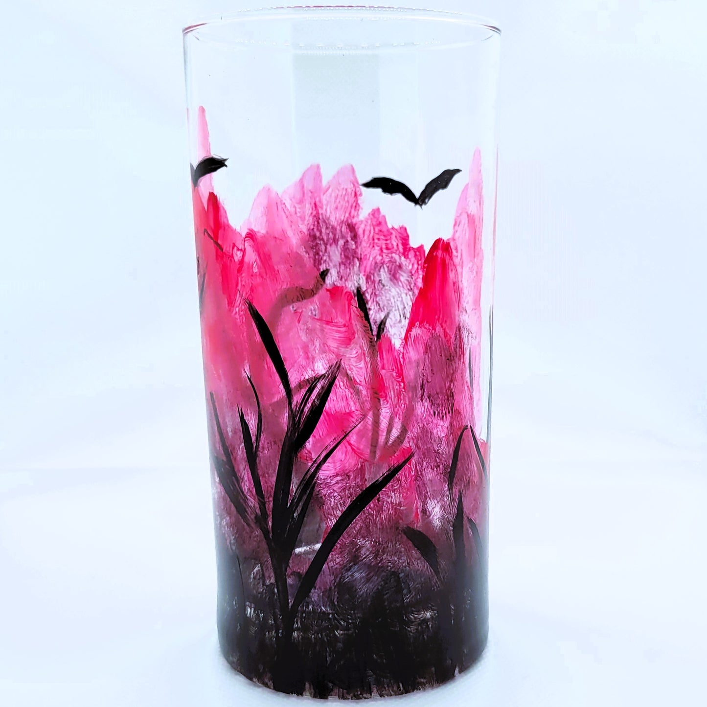 Hand-Painted Halloween Glass | 16oz Spooky Bat Forest Cup | Red Forest Artisan Glassware | Dishwasher Safe Bats in Trees Tumbler