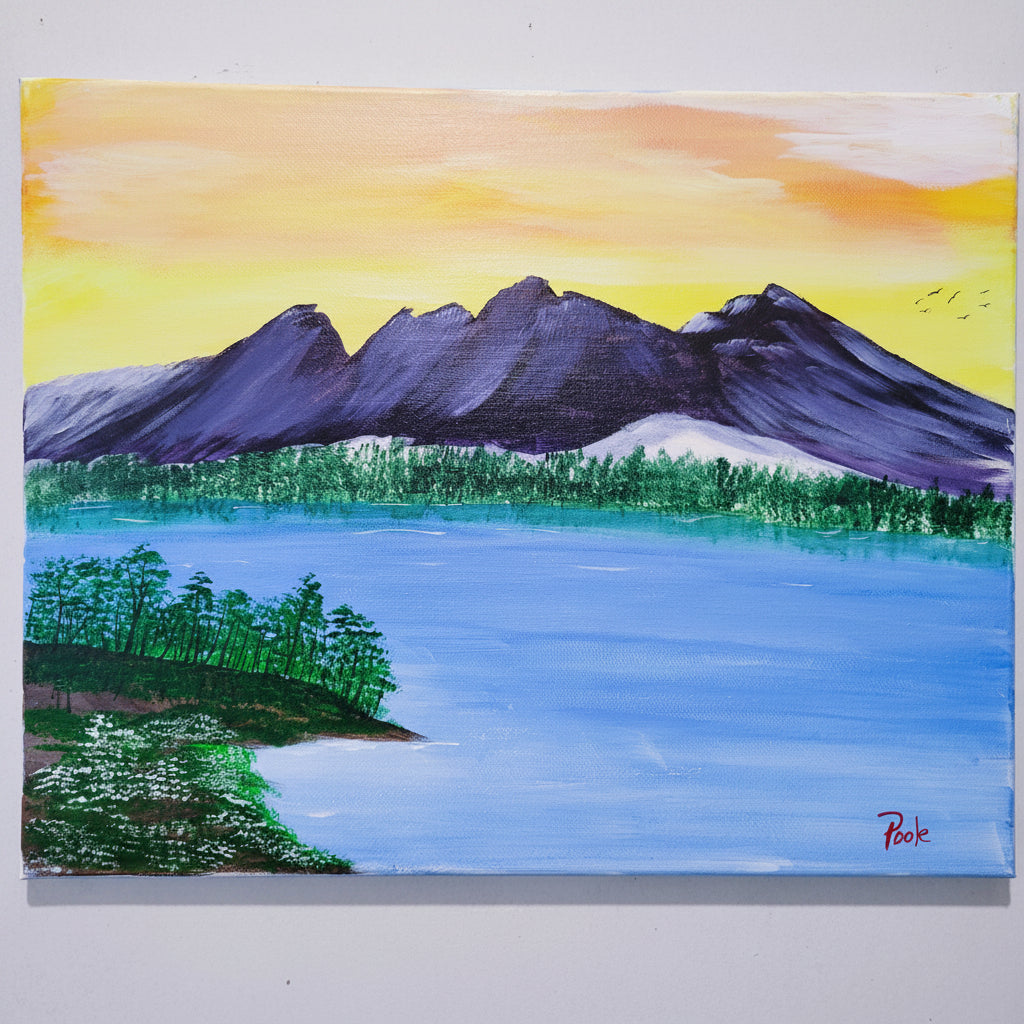Original acrylic painting of a dormant volcano landscape with lake and glowing sky by Ronnie Poole on 16x20 canvas