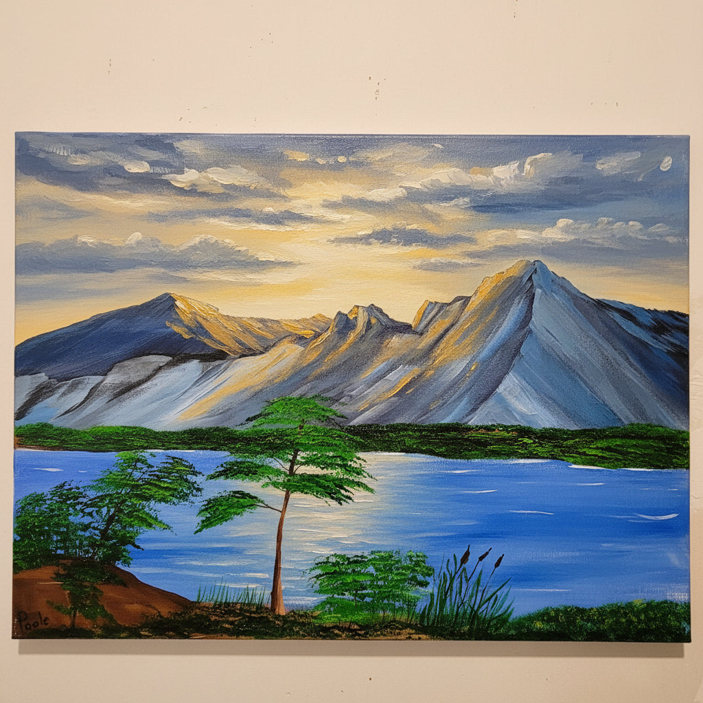 Original acrylic mountain lake landscape painting with blue water and blue gray mountains by Ronnie Poole on 18x24 canvas