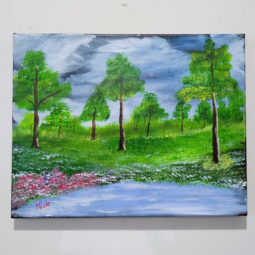 Original acrylic painting of a spring waterhole landscape with pink flowers, green grass, and forest by Ronnie Poole on 11x14 canvas