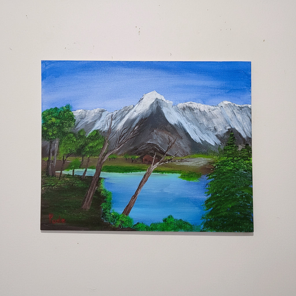 Original acrylic mountain landscape painting featuring shack, pond, and mountains inspired by Colorado line shacks by Ronnie Poole on 16x20 canvas
