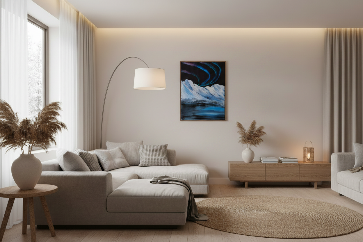 Original acrylic painting of northern lights over icy water and snowy mountains by Ronnie Poole on 16x20 canvas