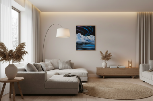 Original acrylic painting of northern lights over icy water and snowy mountains by Ronnie Poole on 16x20 canvas