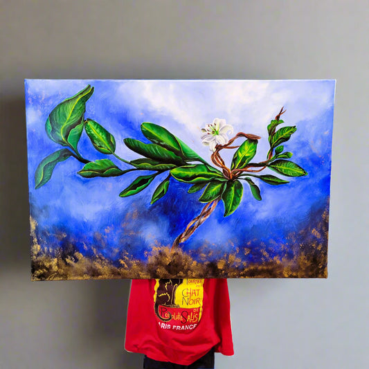 Original acrylic painting titled Dancing Into Bloom featuring a botanical dancer made from giant waterlily, wisteria vines, and bird of paradise leaves surrounded by swirling light and golden pollen.