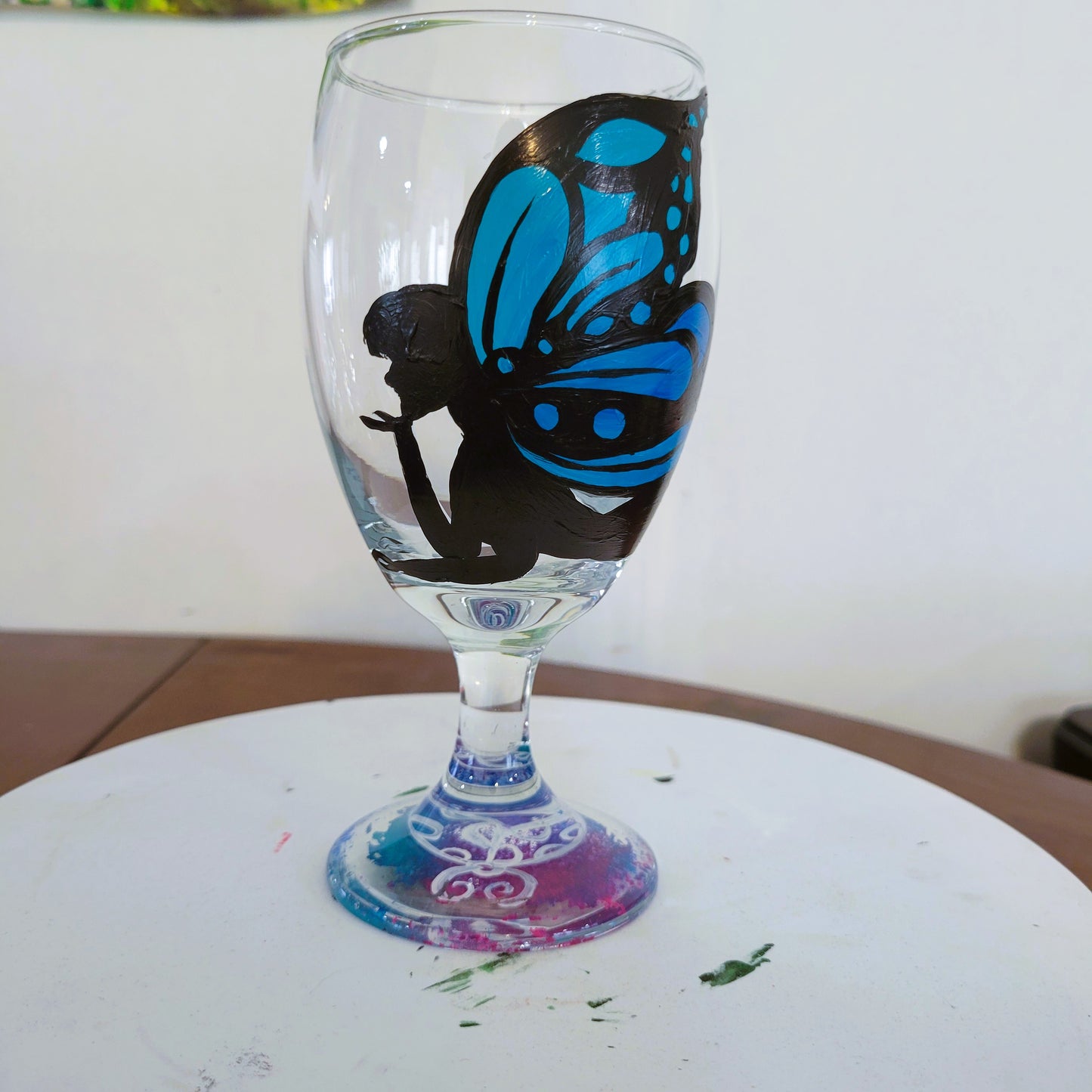 Blue Fairy with Butterfly Wings 16oz Goblet Wine Glass