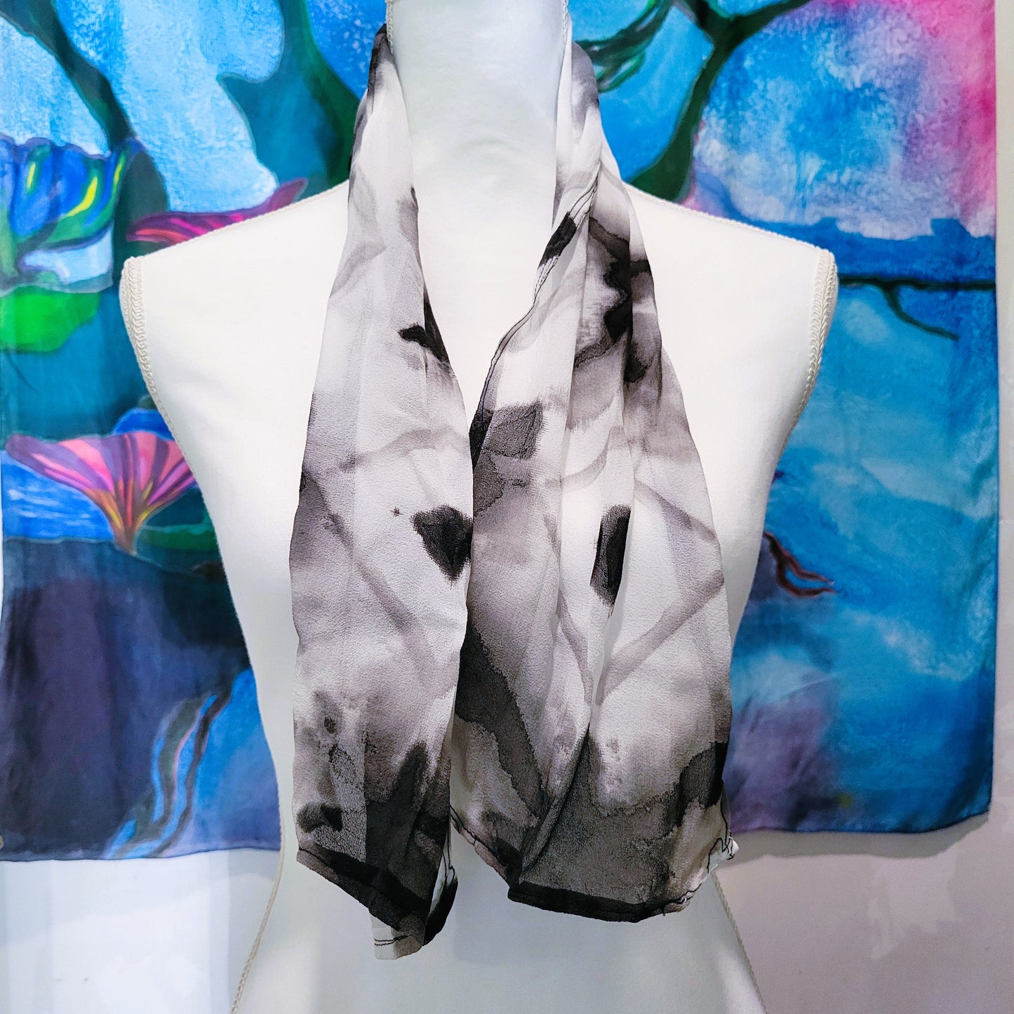Monochrome Diamond – Hand Dyed Silk Chiffon Scarf, Black & White Folded Clamp Resist Pattern, Lightweight Artisan Wrap