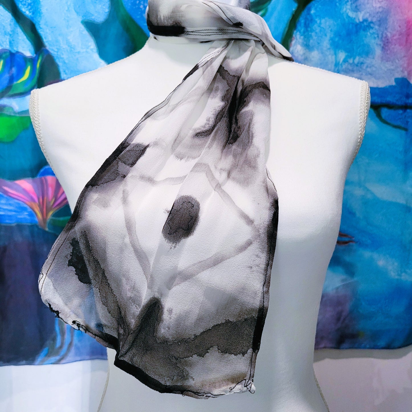 Monochrome Diamond – Hand Dyed Silk Chiffon Scarf, Black & White Folded Clamp Resist Pattern, Lightweight Artisan Wrap