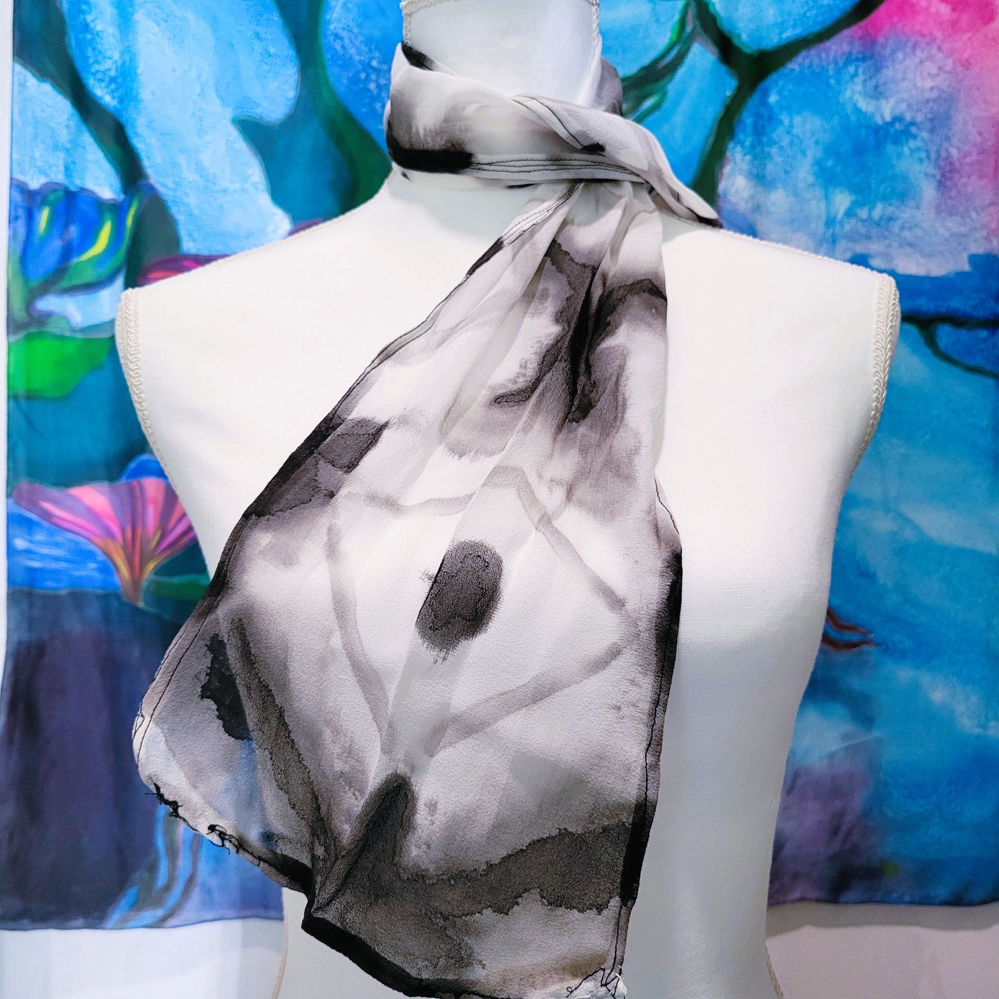 Monochrome Diamond – Hand Dyed Silk Chiffon Scarf, Black & White Folded Clamp Resist Pattern, Lightweight Artisan Wrap