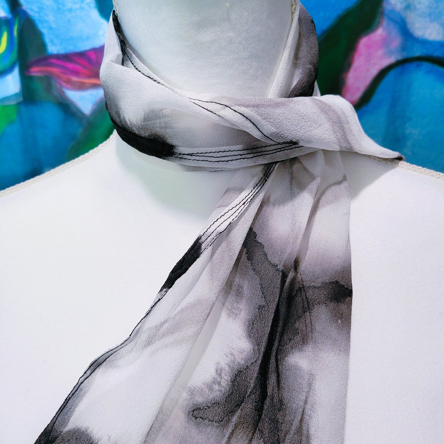 Monochrome Diamond – Hand Dyed Silk Chiffon Scarf, Black & White Folded Clamp Resist Pattern, Lightweight Artisan Wrap