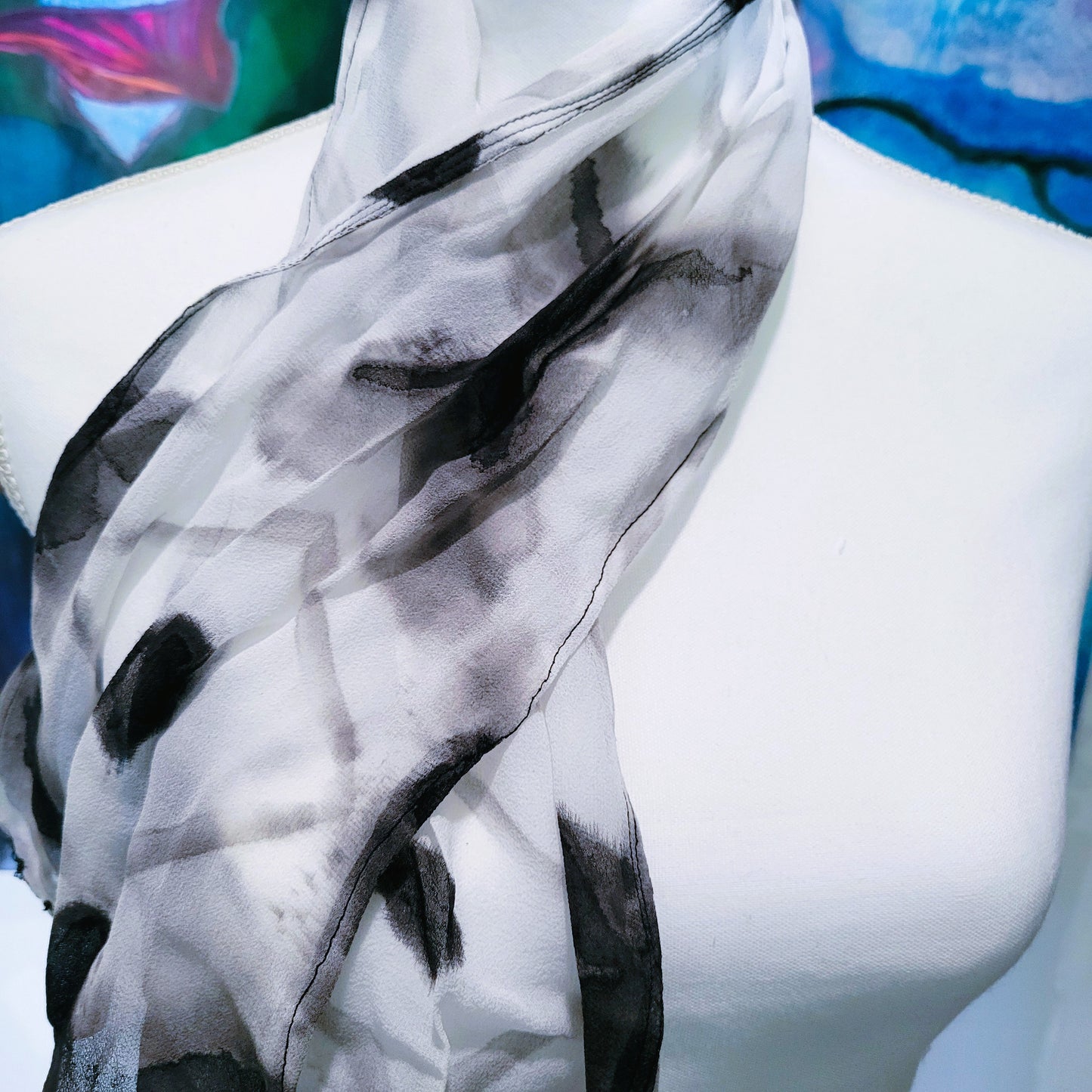 Monochrome Diamond – Hand Dyed Silk Chiffon Scarf, Black & White Folded Clamp Resist Pattern, Lightweight Artisan Wrap