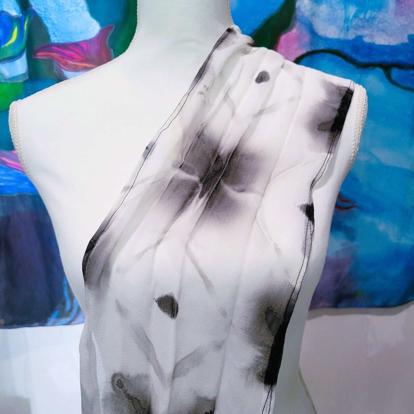 Monochrome Diamond – Hand Dyed Silk Chiffon Scarf, Black & White Folded Clamp Resist Pattern, Lightweight Artisan Wrap