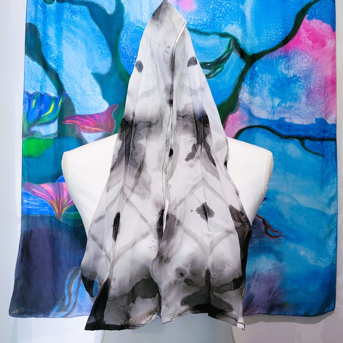 Monochrome Diamond – Hand Dyed Silk Chiffon Scarf, Black & White Folded Clamp Resist Pattern, Lightweight Artisan Wrap