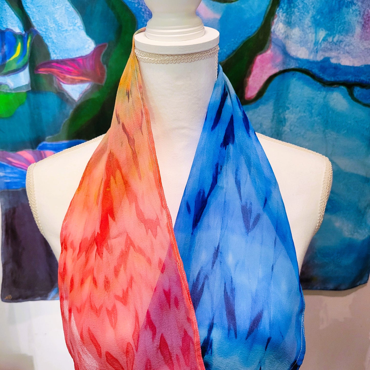 Red and Blue Texture Silk Chiffon Scarf
