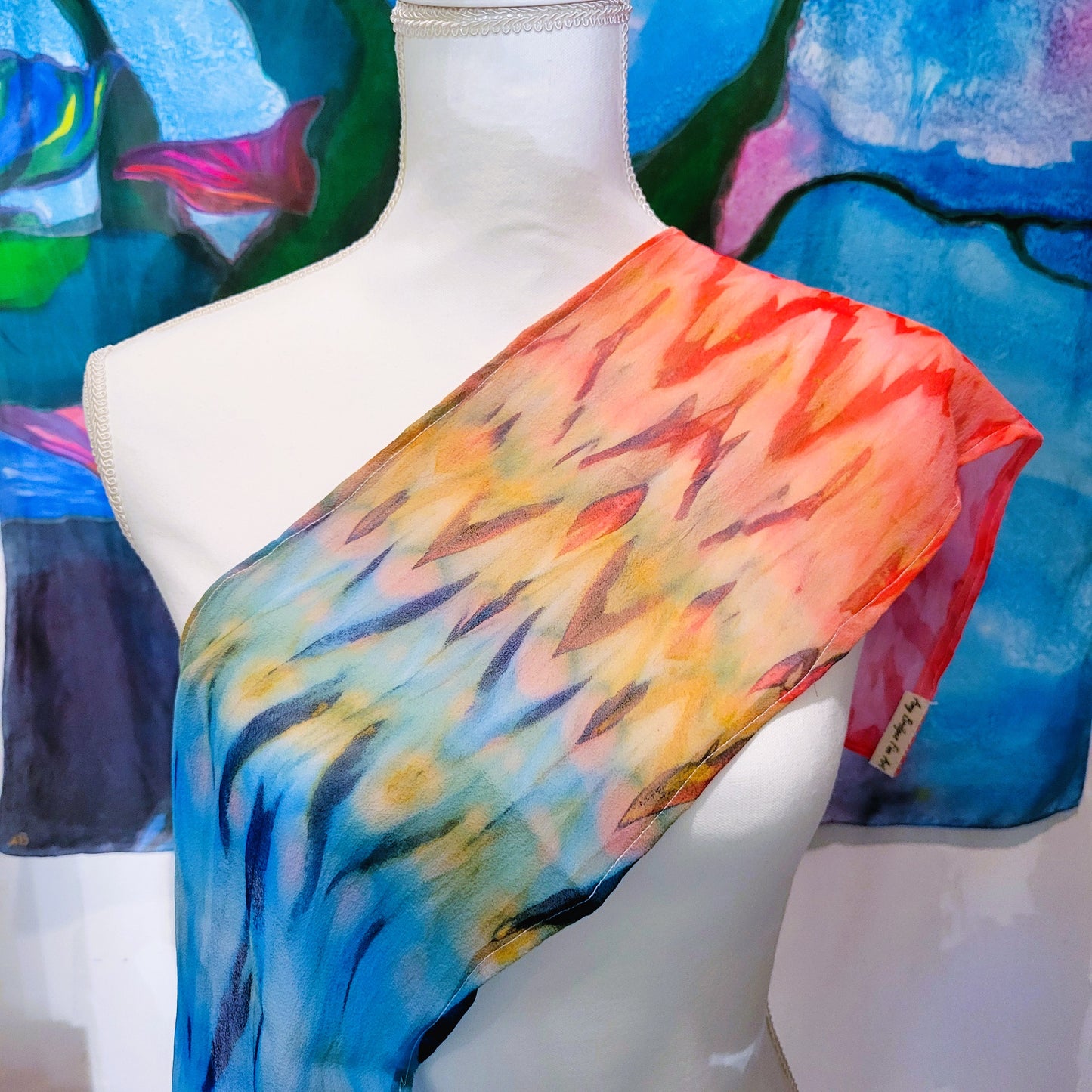 Red and Blue Texture Silk Chiffon Scarf