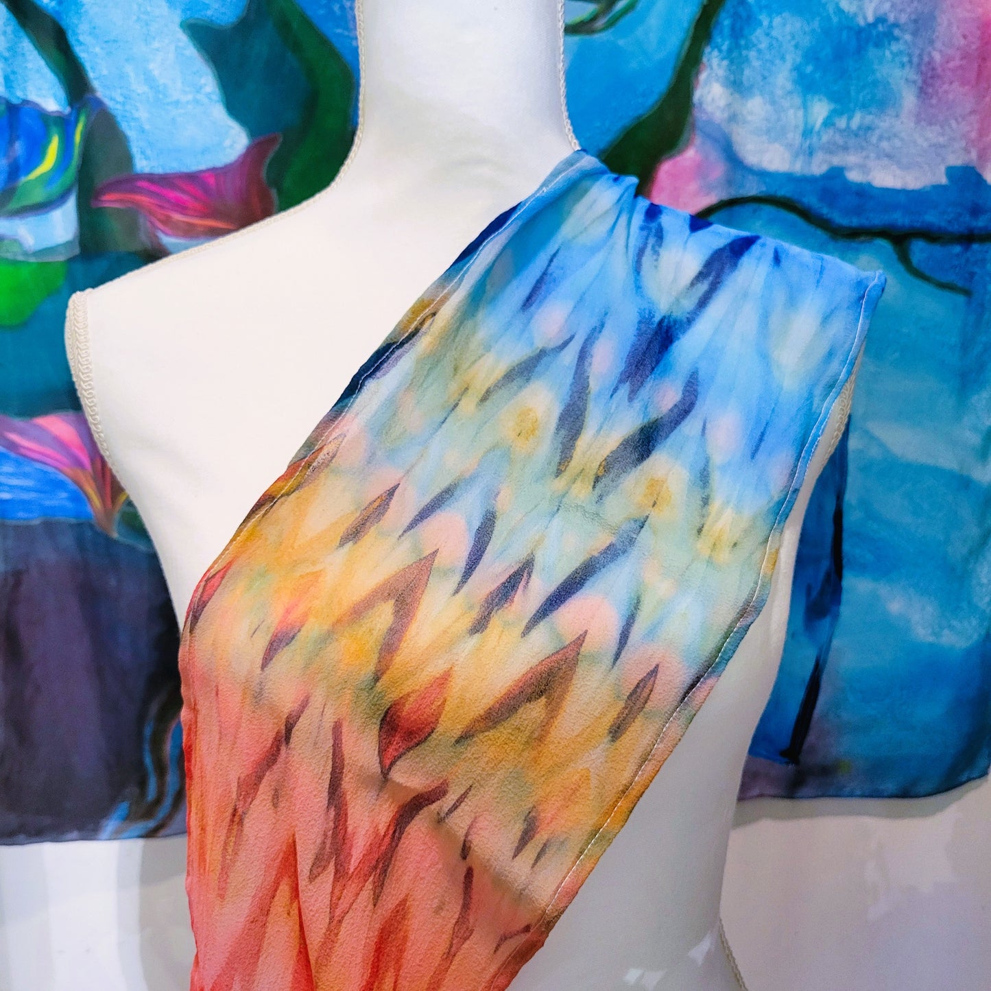 Red and Blue Texture Silk Chiffon Scarf