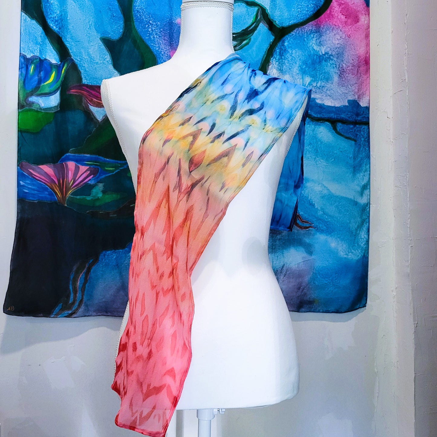 Red and Blue Texture Silk Chiffon Scarf