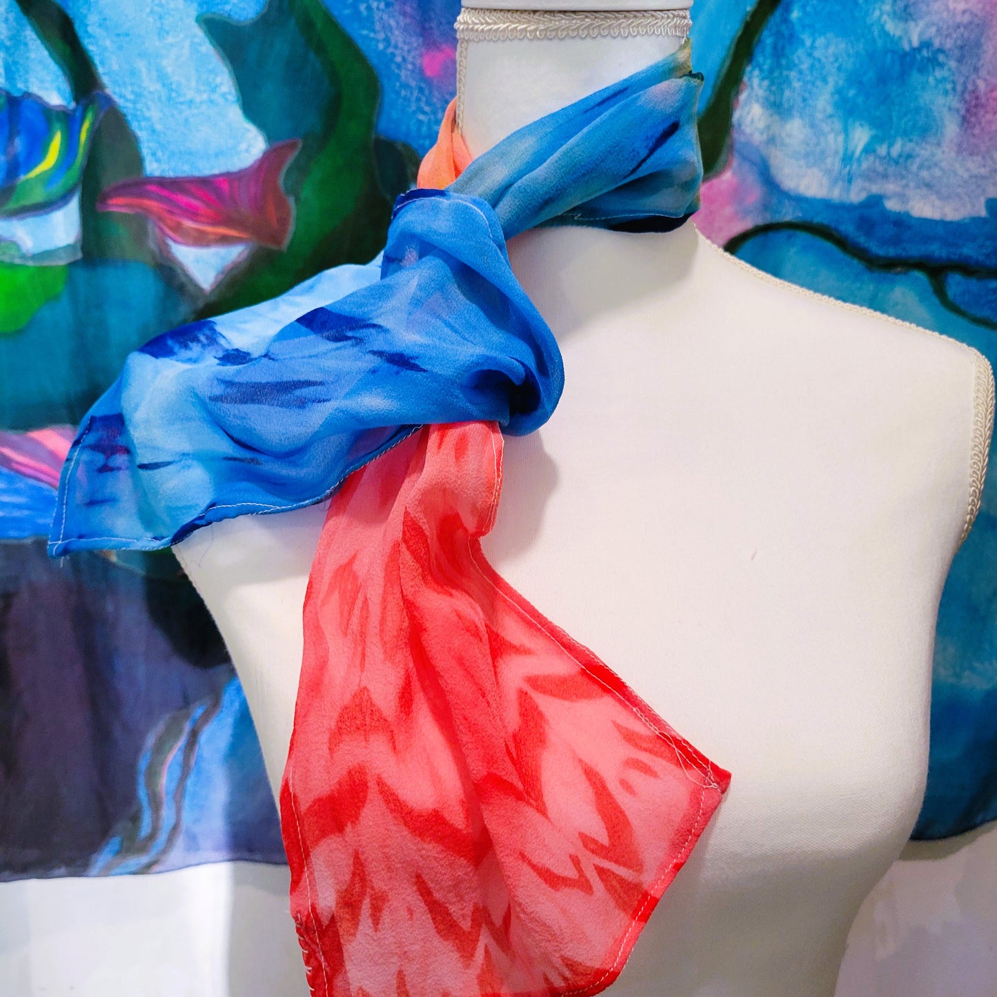 Red and Blue Texture Silk Chiffon Scarf