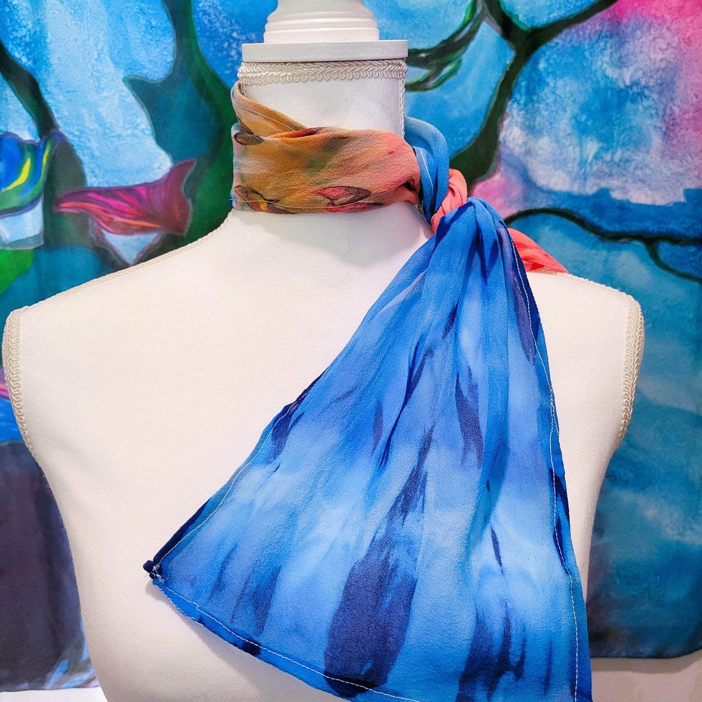 Red and Blue Texture Silk Chiffon Scarf