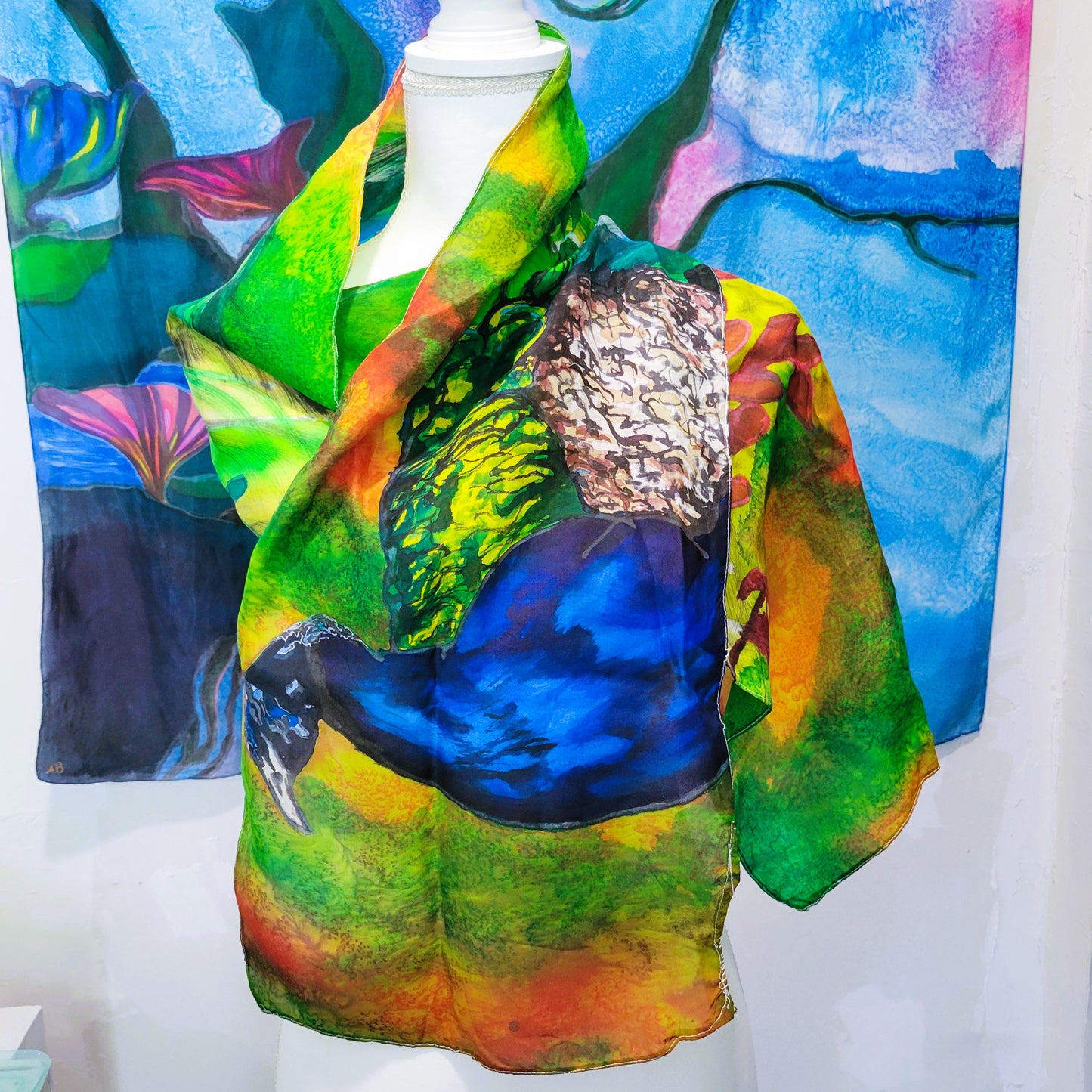 Peacock in the Grass Silk Scarf