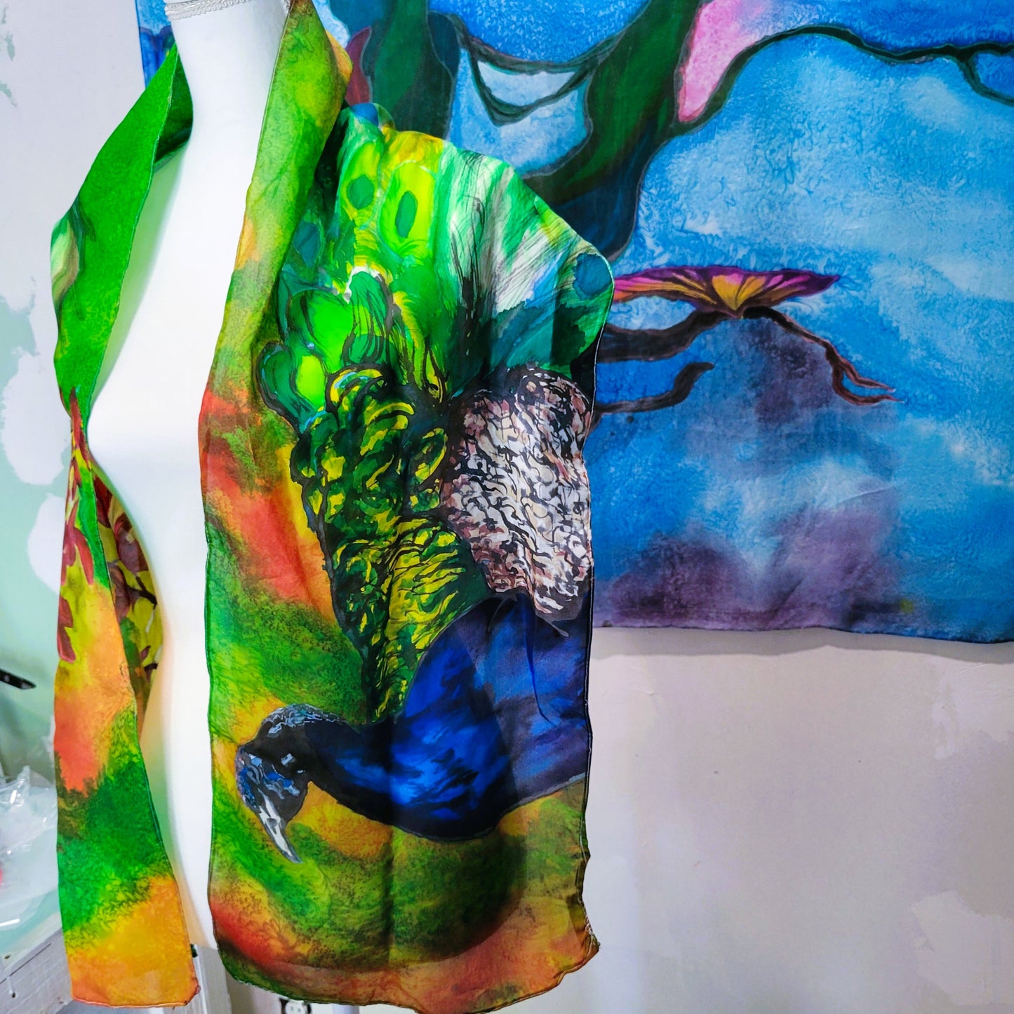 Peacock in the Grass Silk Scarf