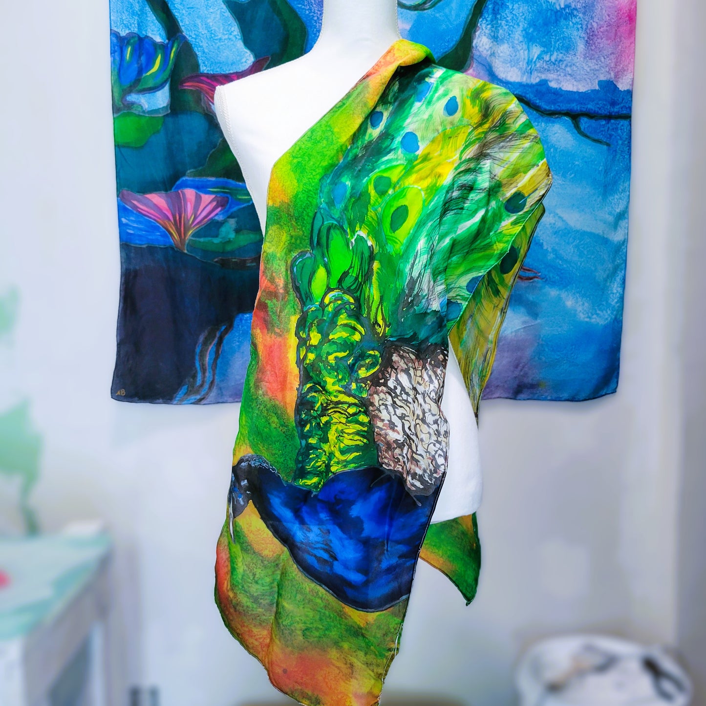 Peacock in the Grass Silk Scarf