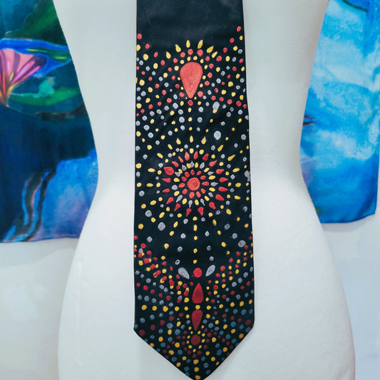 Hand-painted silk necktie wearable art with metallic gold and silver detailing limited edition by Amy Bridges