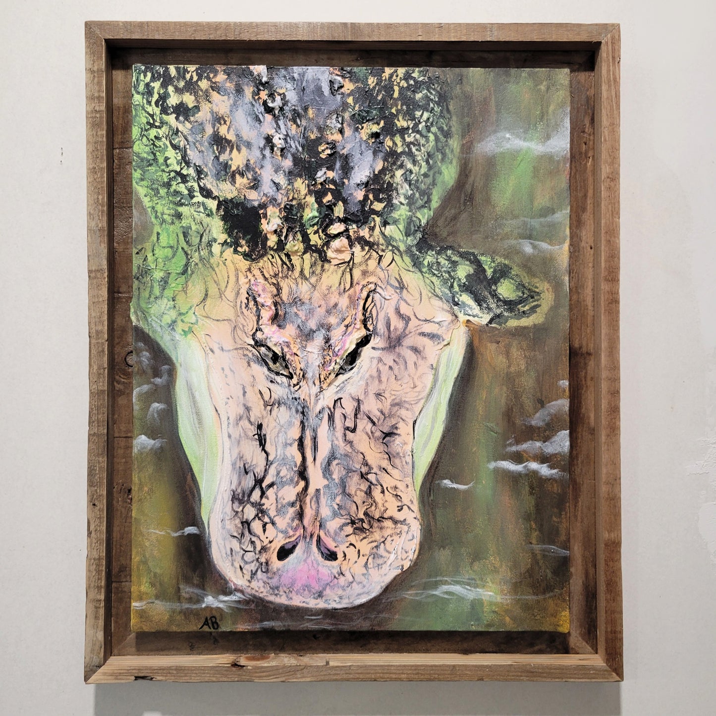 bright light shot of acrylic painting of an alligator in water