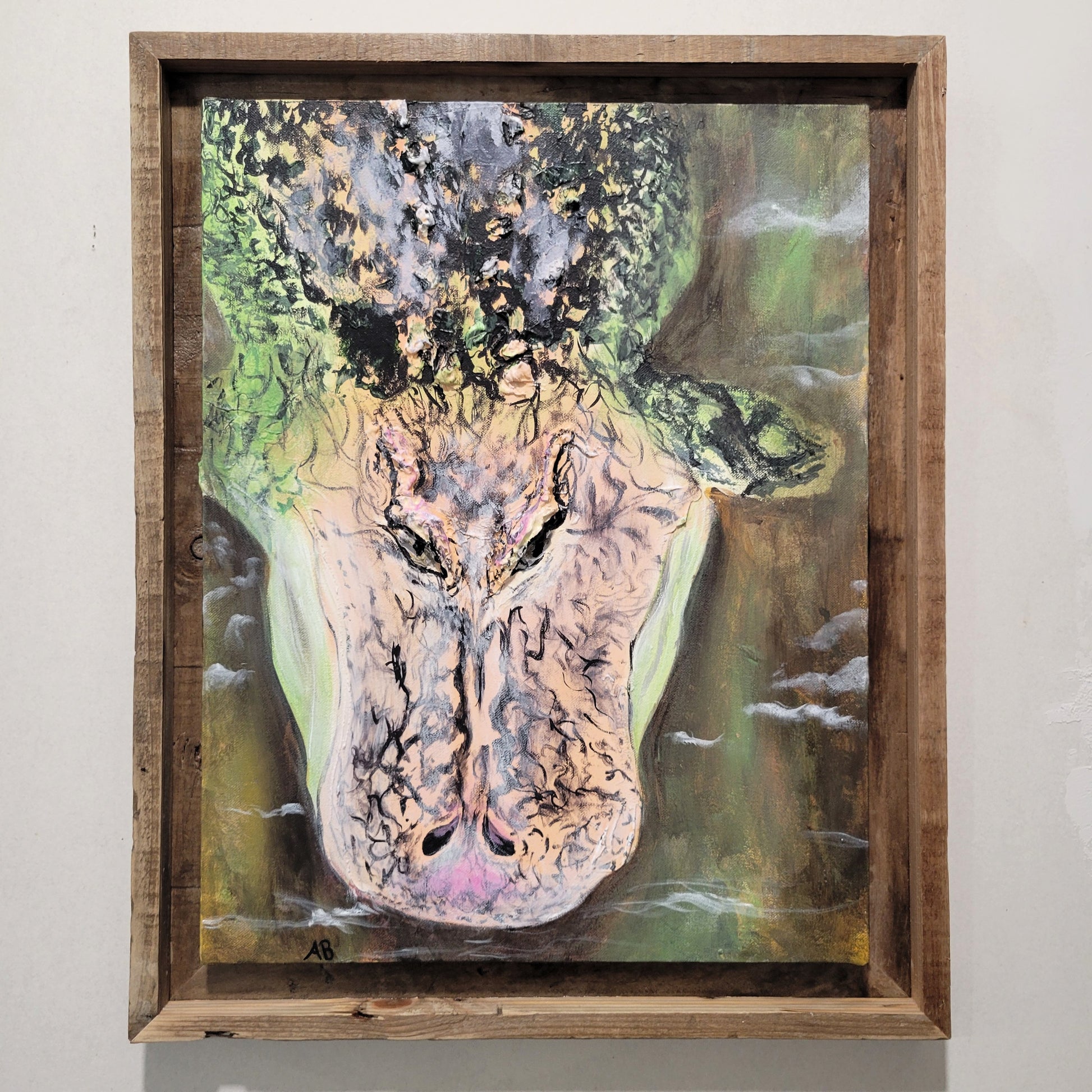 bright light shot of acrylic painting of an alligator in water