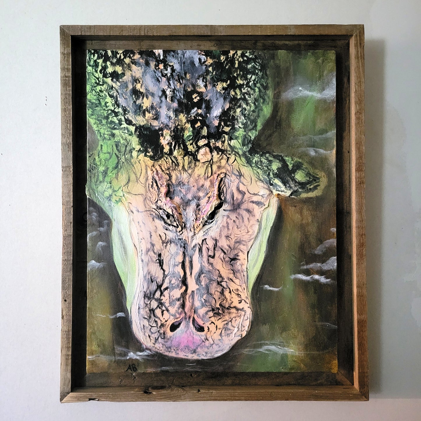 dim light shot of acrylic painting of an alligator in water