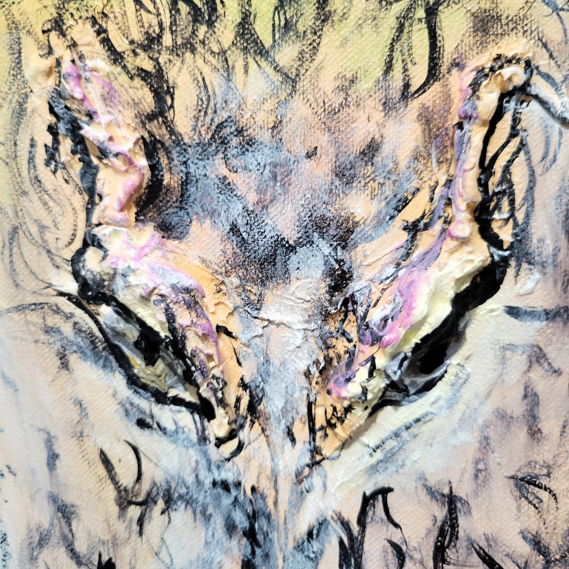 detail of 3D sculpted eyes in acrylic painting of alligator