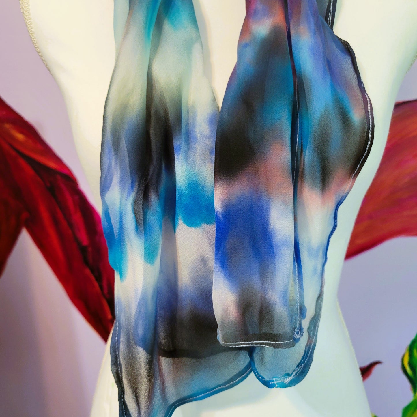 Sheer Silk Chiffon Scarf – Hand Painted Abstract Storm Clouds in Black, Blue, Red, White