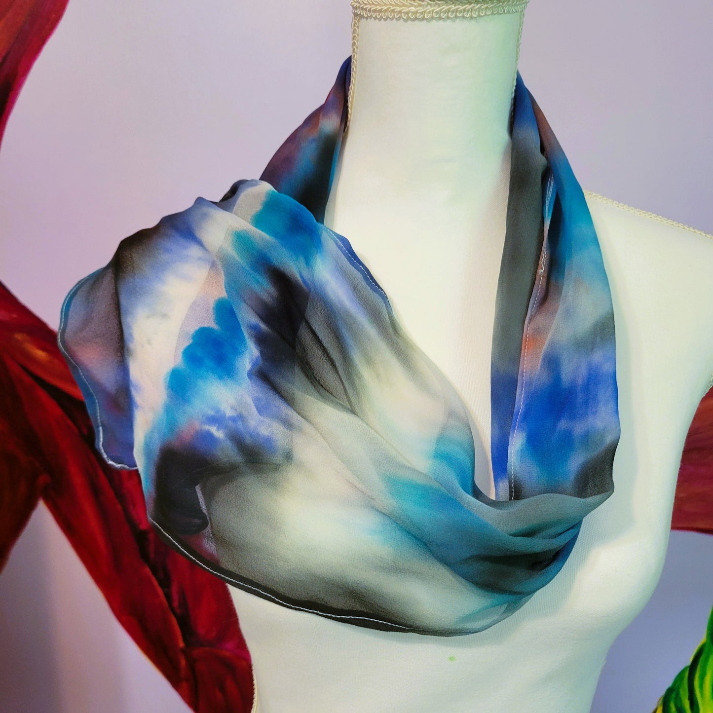 Sheer Silk Chiffon Scarf – Hand Painted Abstract Storm Clouds in Black, Blue, Red, White
