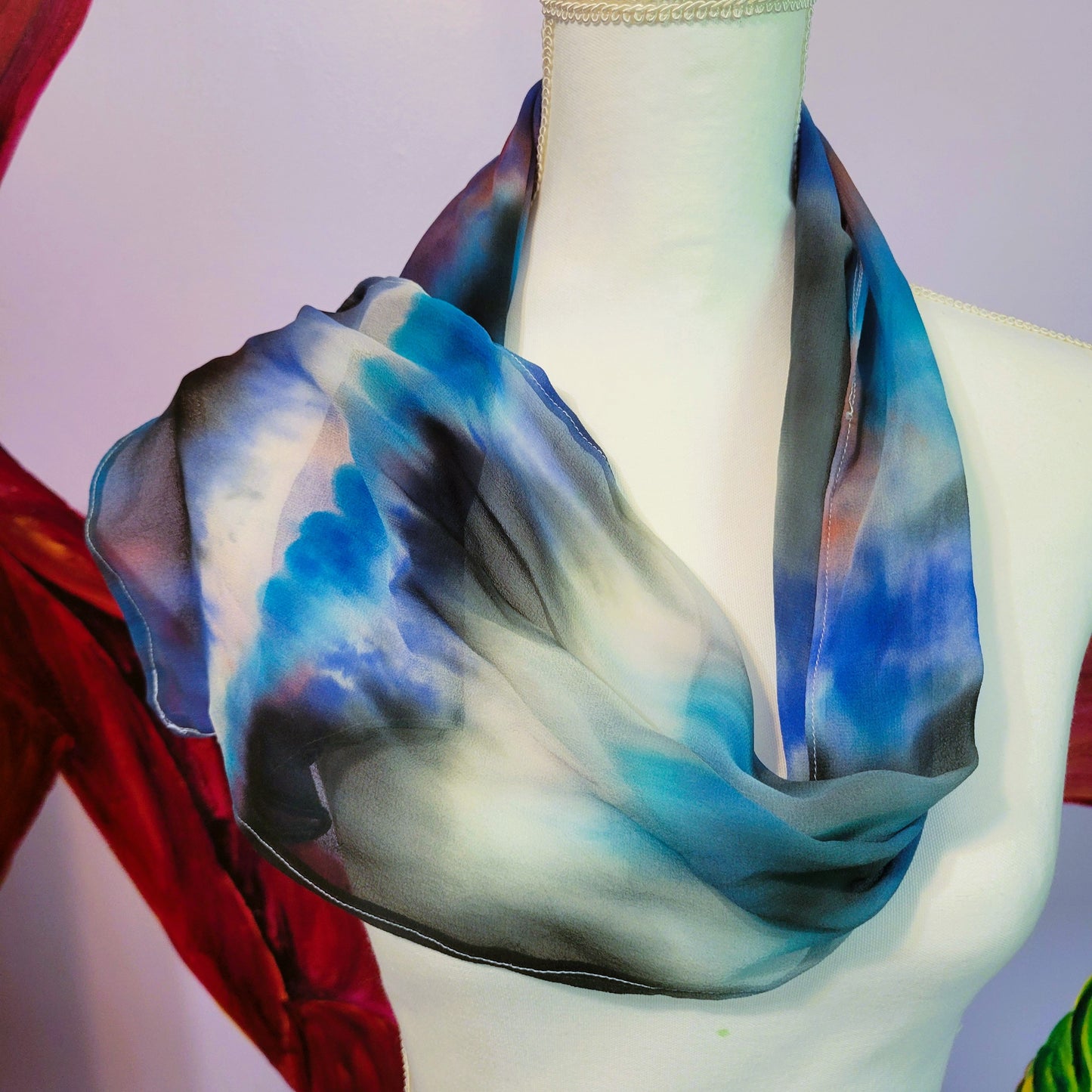 Sheer Silk Chiffon Scarf – Hand Painted Abstract Storm Clouds in Black, Blue, Red, White