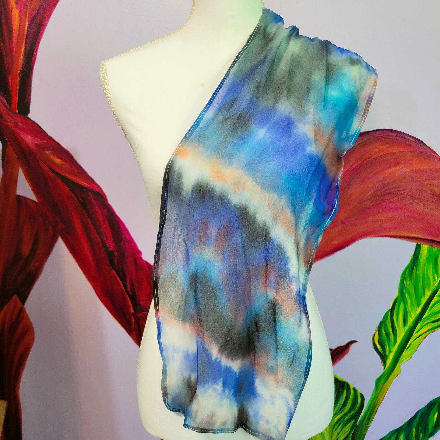 Sheer Silk Chiffon Scarf – Hand Painted Abstract Storm Clouds in Black, Blue, Red, White