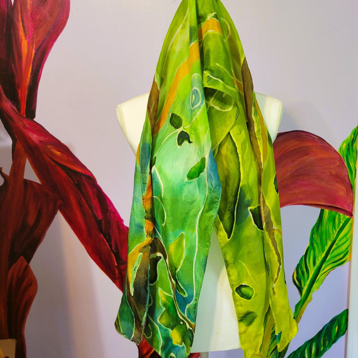 Pixie Hollow – Hand Painted Habotai Silk Scarf, Green Vine & Leaf Design, Artisan Wearable Art Shawl