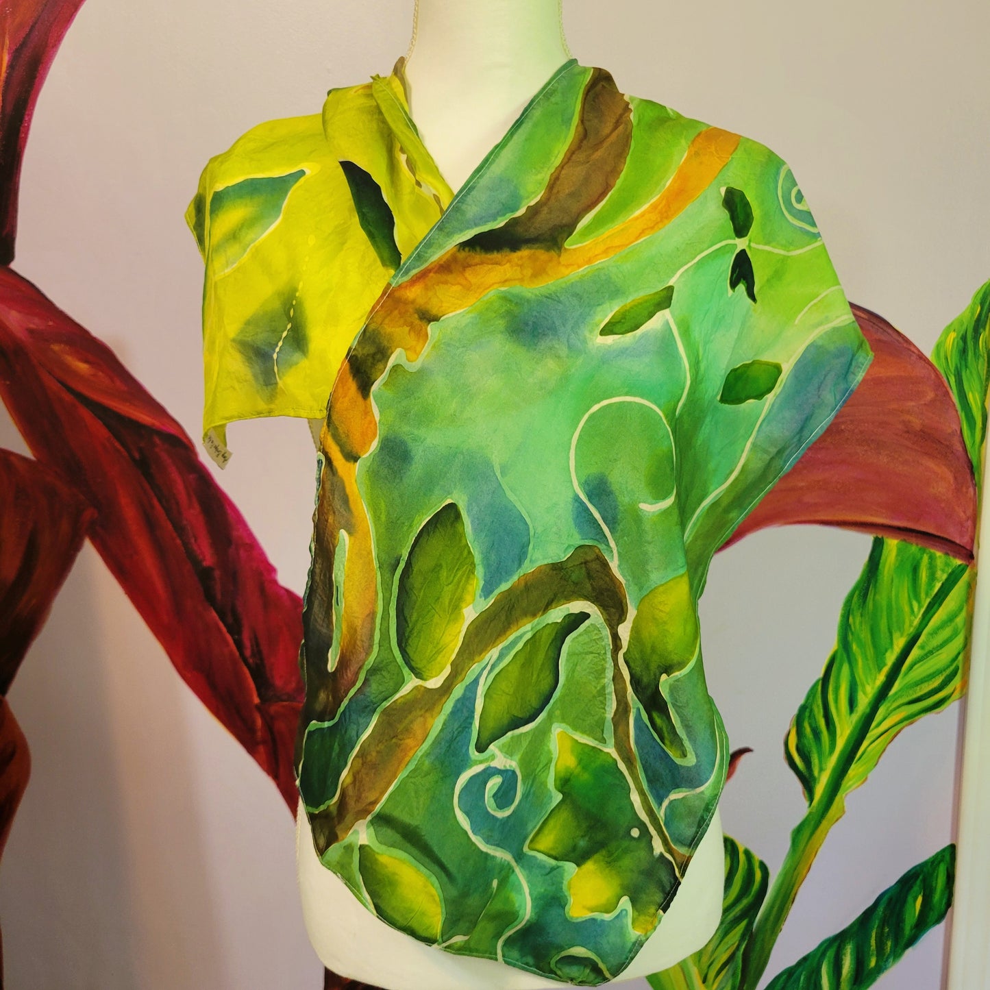 Pixie Hollow – Hand Painted Habotai Silk Scarf, Green Vine & Leaf Design, Artisan Wearable Art Shawl