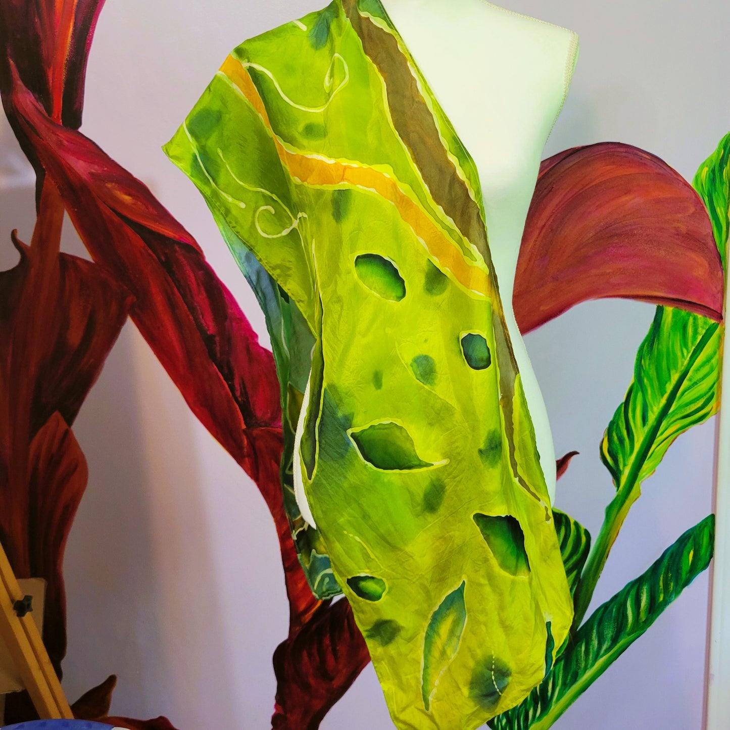 Pixie Hollow – Hand Painted Habotai Silk Scarf, Green Vine & Leaf Design, Artisan Wearable Art Shawl