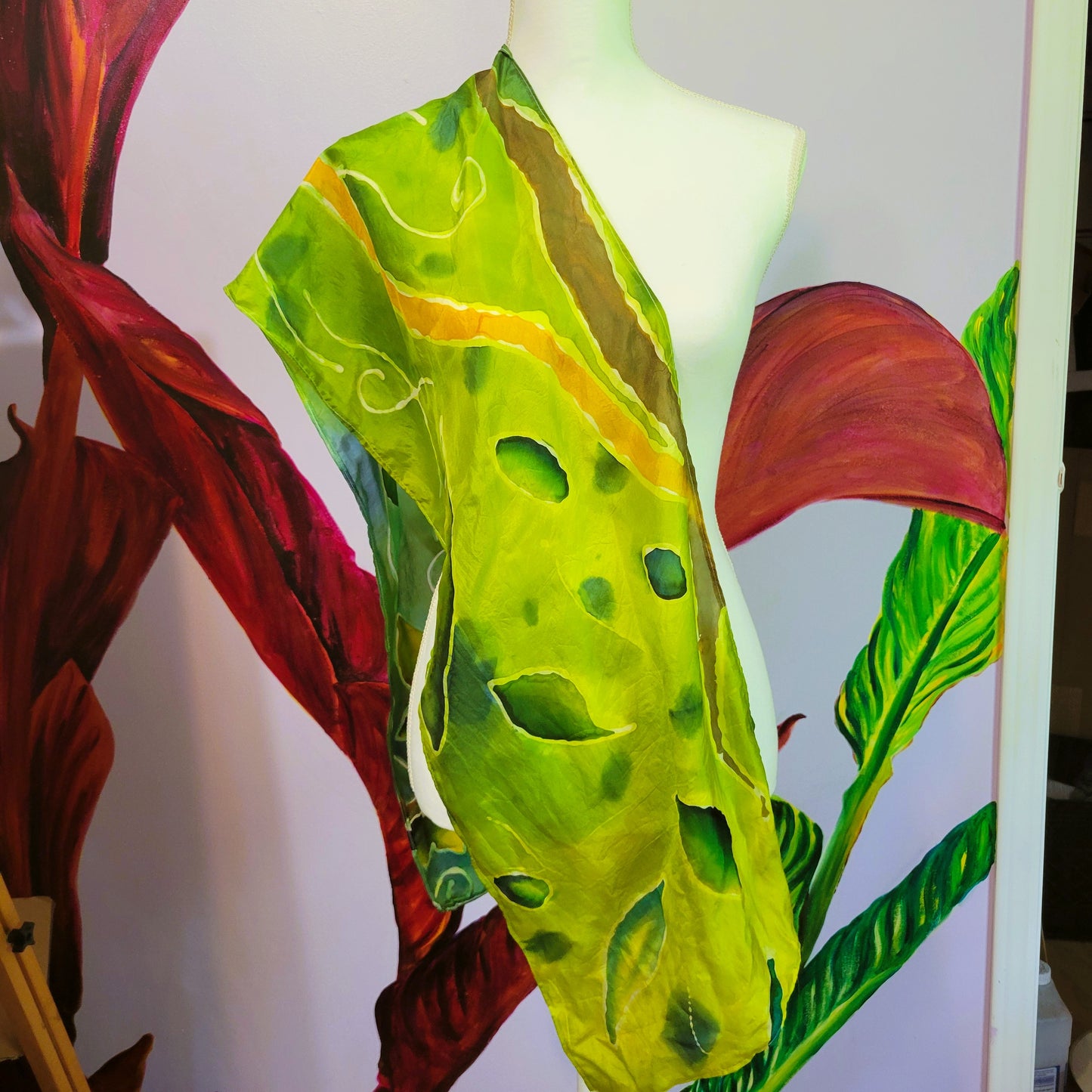 Pixie Hollow – Hand Painted Habotai Silk Scarf, Green Vine & Leaf Design, Artisan Wearable Art Shawl