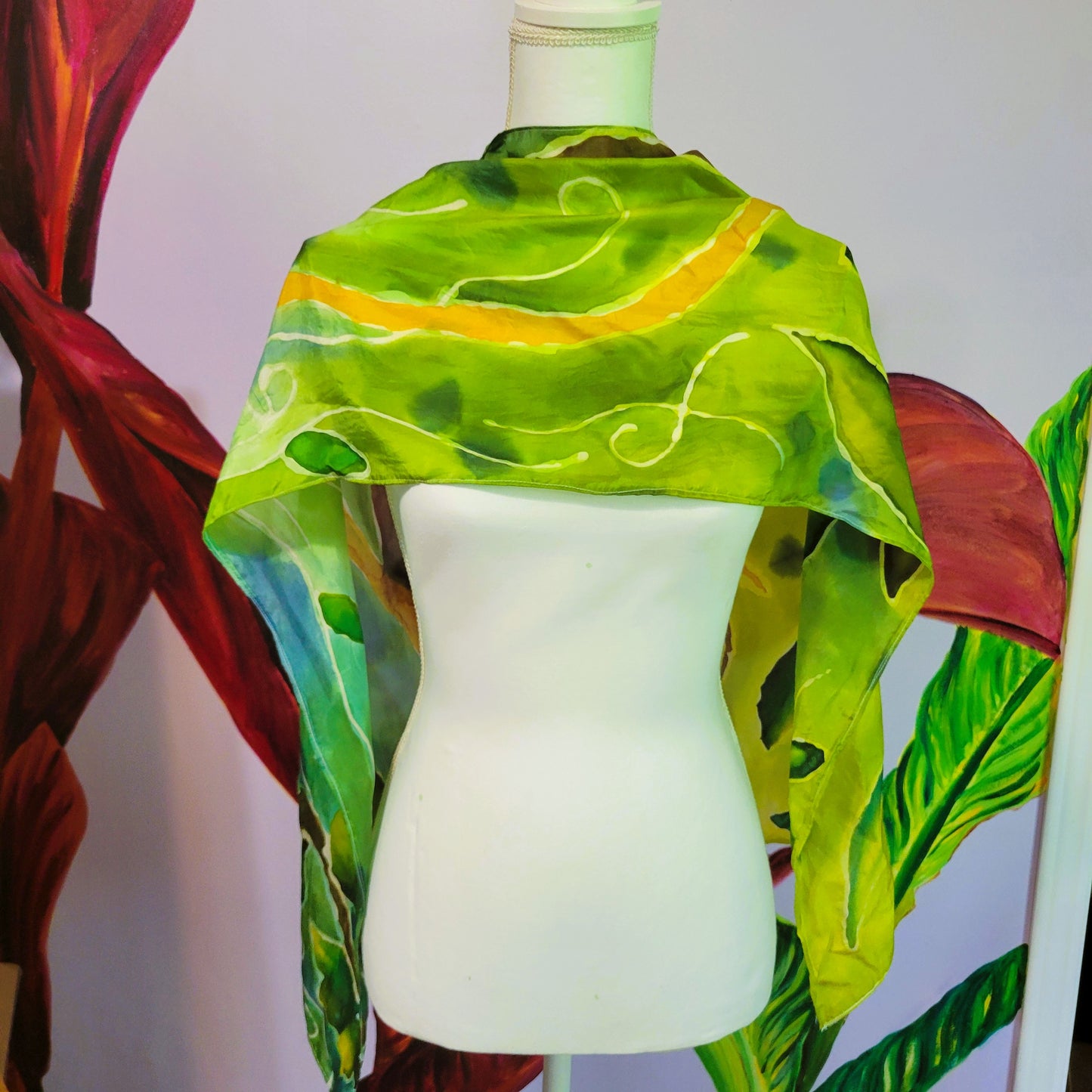 Pixie Hollow – Hand Painted Habotai Silk Scarf, Green Vine & Leaf Design, Artisan Wearable Art Shawl