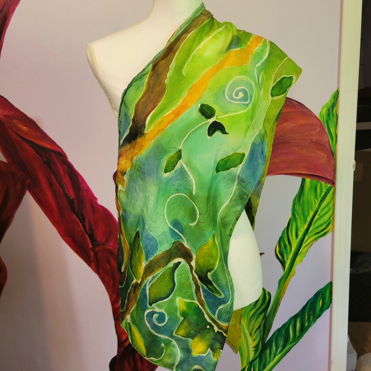 Pixie Hollow – Hand Painted Habotai Silk Scarf, Green Vine & Leaf Design, Artisan Wearable Art Shawl