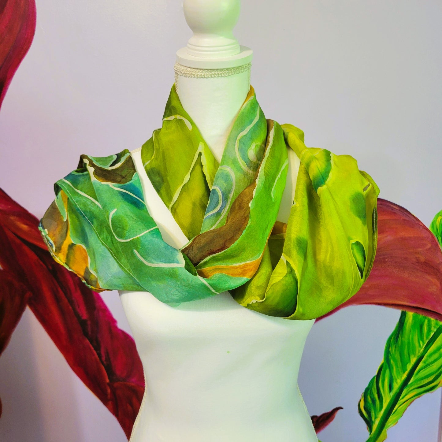 Pixie Hollow – Hand Painted Habotai Silk Scarf, Green Vine & Leaf Design, Artisan Wearable Art Shawl