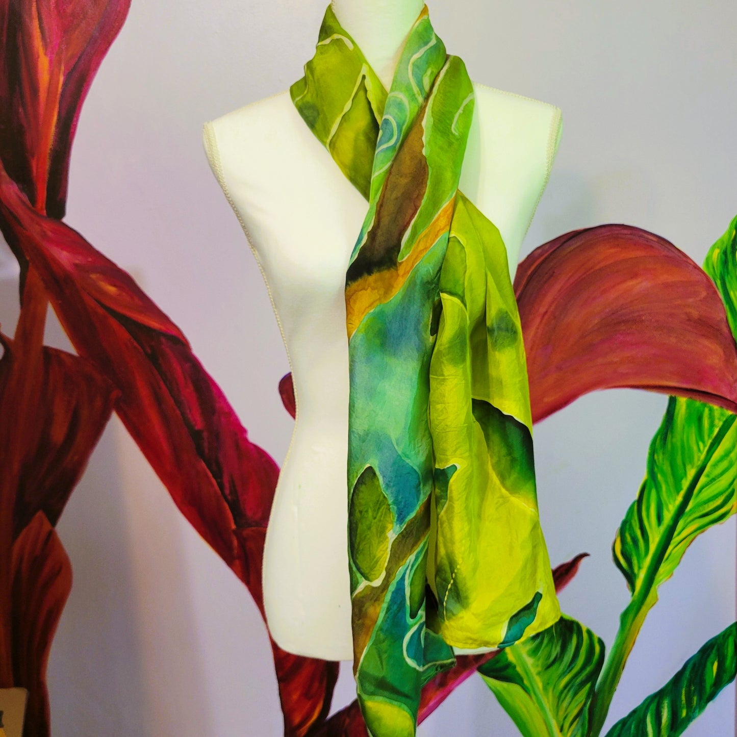 Pixie Hollow – Hand Painted Habotai Silk Scarf, Green Vine & Leaf Design, Artisan Wearable Art Shawl