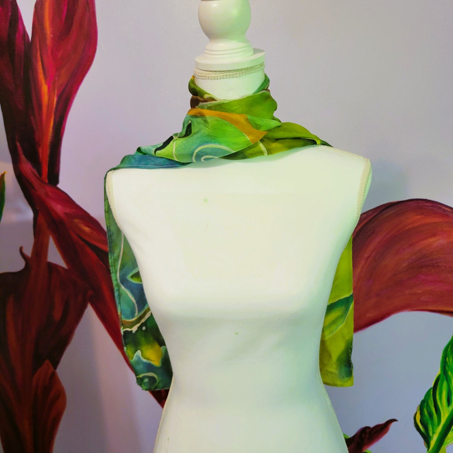 Pixie Hollow – Hand Painted Habotai Silk Scarf, Green Vine & Leaf Design, Artisan Wearable Art Shawl