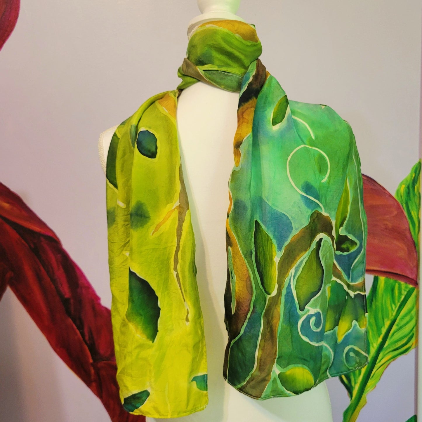 Pixie Hollow – Hand Painted Habotai Silk Scarf, Green Vine & Leaf Design, Artisan Wearable Art Shawl